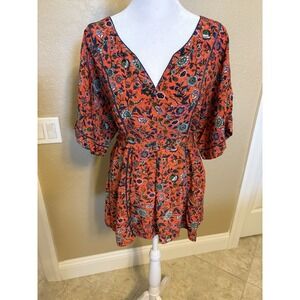 Anthropologie Maeve 100% Silk Floral Kimono Top, Medium, Red, Orange, Boho